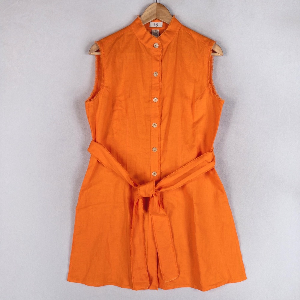 IOS Womens Tunic Top Size SP Orange Linen Cotton Frayed Hem Sleeveless Belted